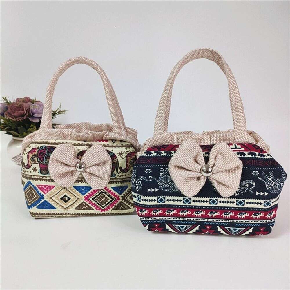 Women Bow Mini Handbag Cotton Canvas Large Capacity Underarm Shopping Tote Phone Purse Handle Bag
