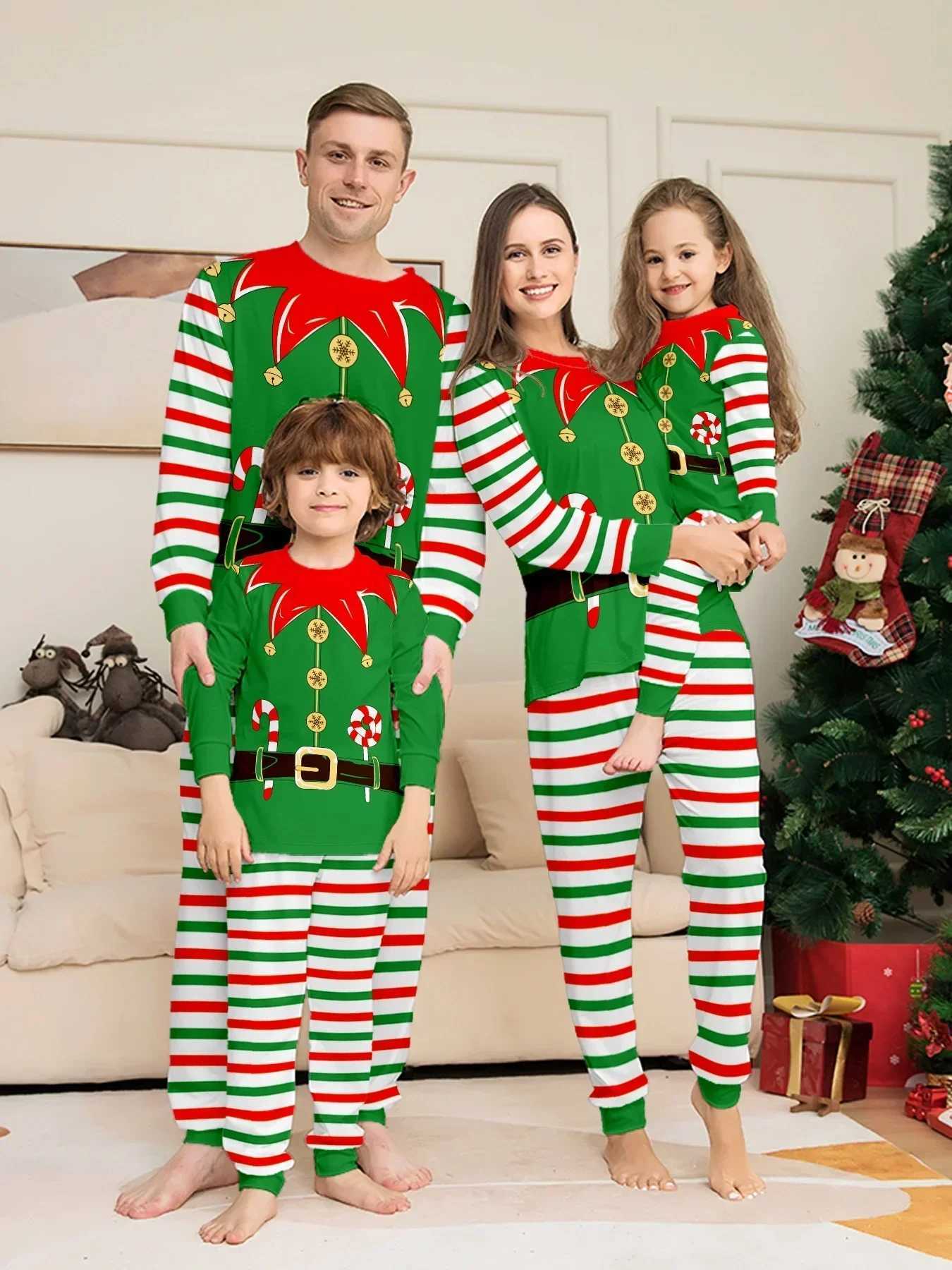 2024 New Family Matching Set Cartoon Stripe Printed Christmas Pajama Set 2PCS Set Home Clothes Baby Dog jumpsuit Christmas Appearance Pajama Set W2410