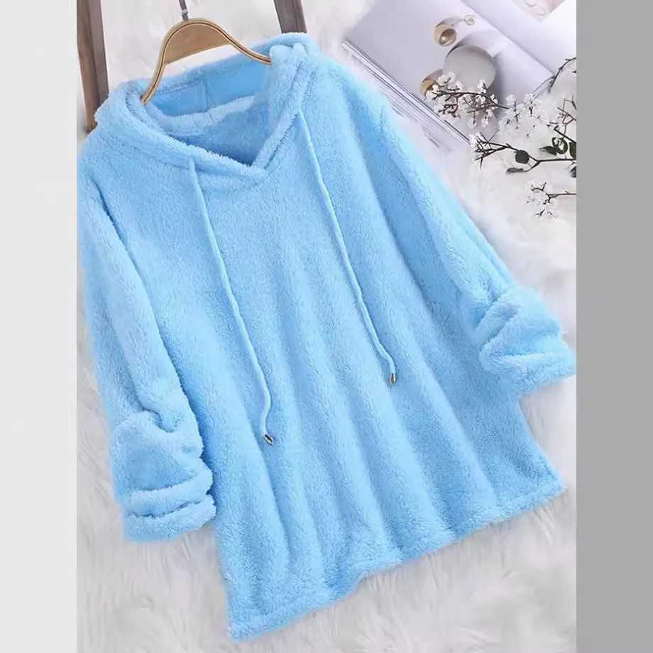 Women Fleece Sweatshirts Casual Female Tie Collar Long Sleeve Pullover Loose Velvet Hoodie Coats Homewear NMD-9301X241016