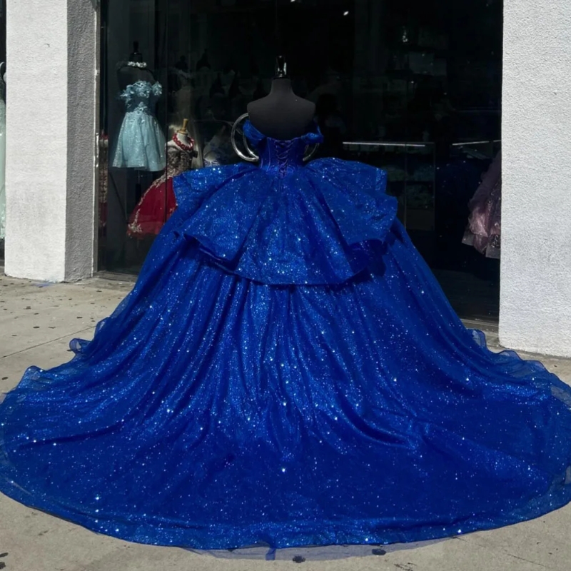 Luxury Royal Blue Shiny Quinceanera Dresses Beads Crystal Tull Birthday Party Ball Gown Vestidos de 15 anos Corset Sweet 16 Dress