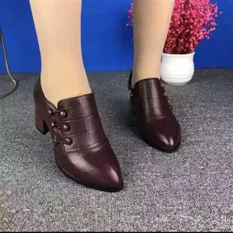 Autumn New High Heels Soft Leather Breasted Low Heeled Shoes Dress Womens Pointed Toe Shoes Retro Mom Shoes Zapatos Mujer Y241017