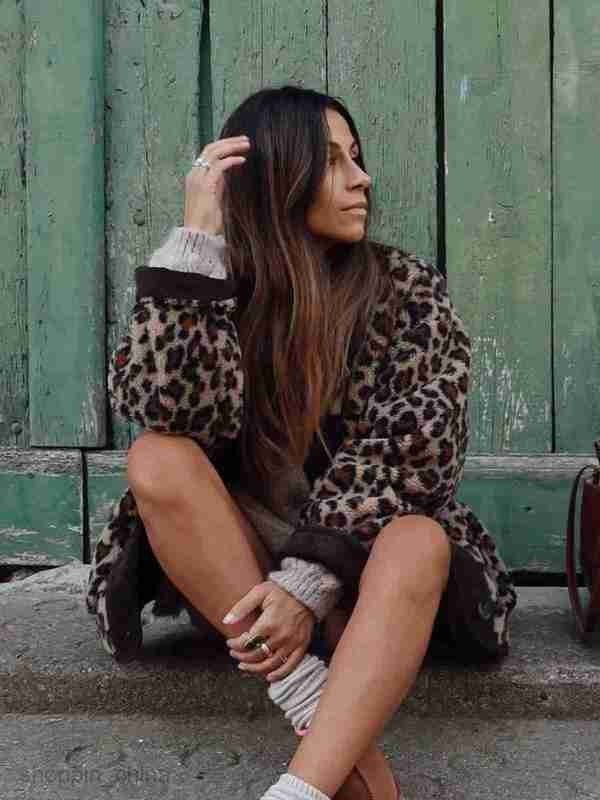 Women Jackets Coats Women's autumn and winter loose round neck leopard print lamb wool warm long sleeved jacket for women