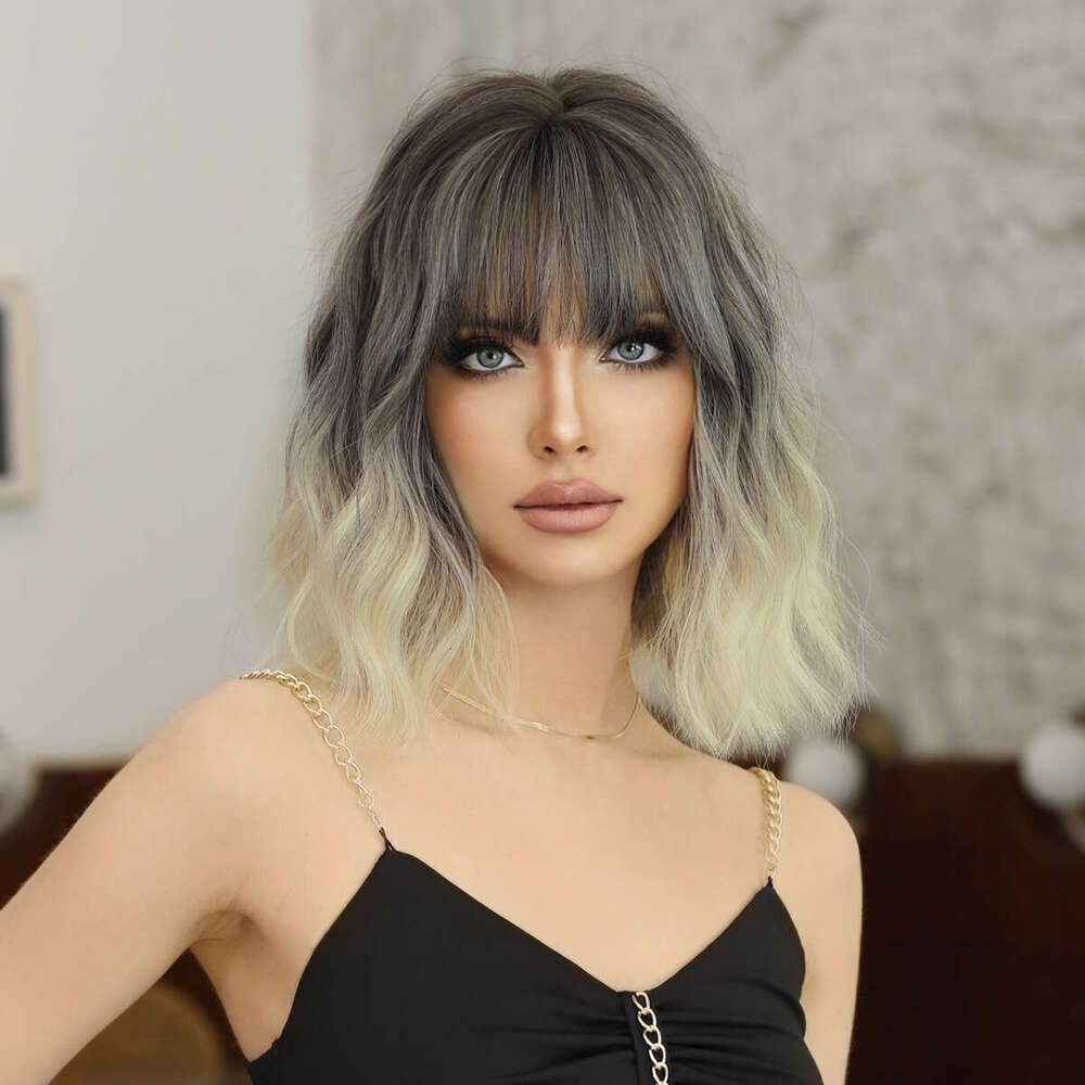 Wig For Women Short Hair, Wavy Curls, Full Head Cover, Sier White, Painted With Japanese And Korean Bangs, Gradient Wig