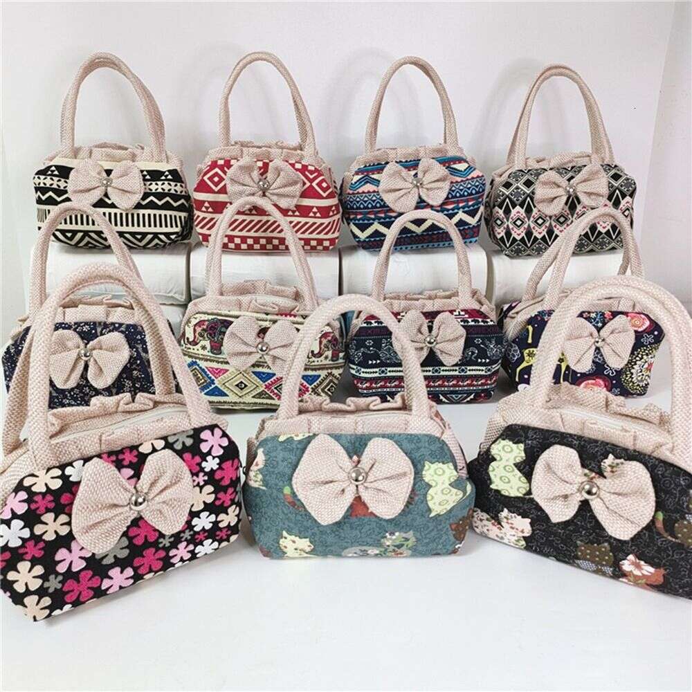 Women Bow Mini Handbag Cotton Canvas Large Capacity Underarm Shopping Tote Phone Purse Handle Bag