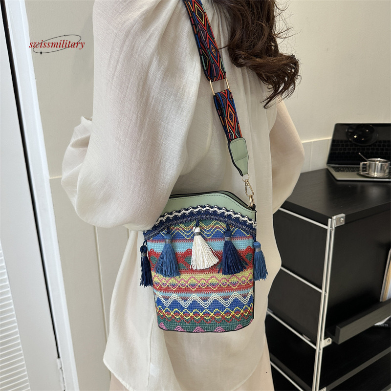 2024 New Ethnic Style Women's Fashion Versatile Crossbody Bucket Bohemian Embroidery Tassel Hanfu Bag #13 swissmilitary