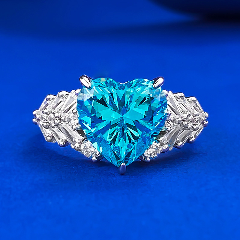 Unique Sterg Sier Aquamarine Moissanite Engagement Ring | Heart-Shaped Eternity Band