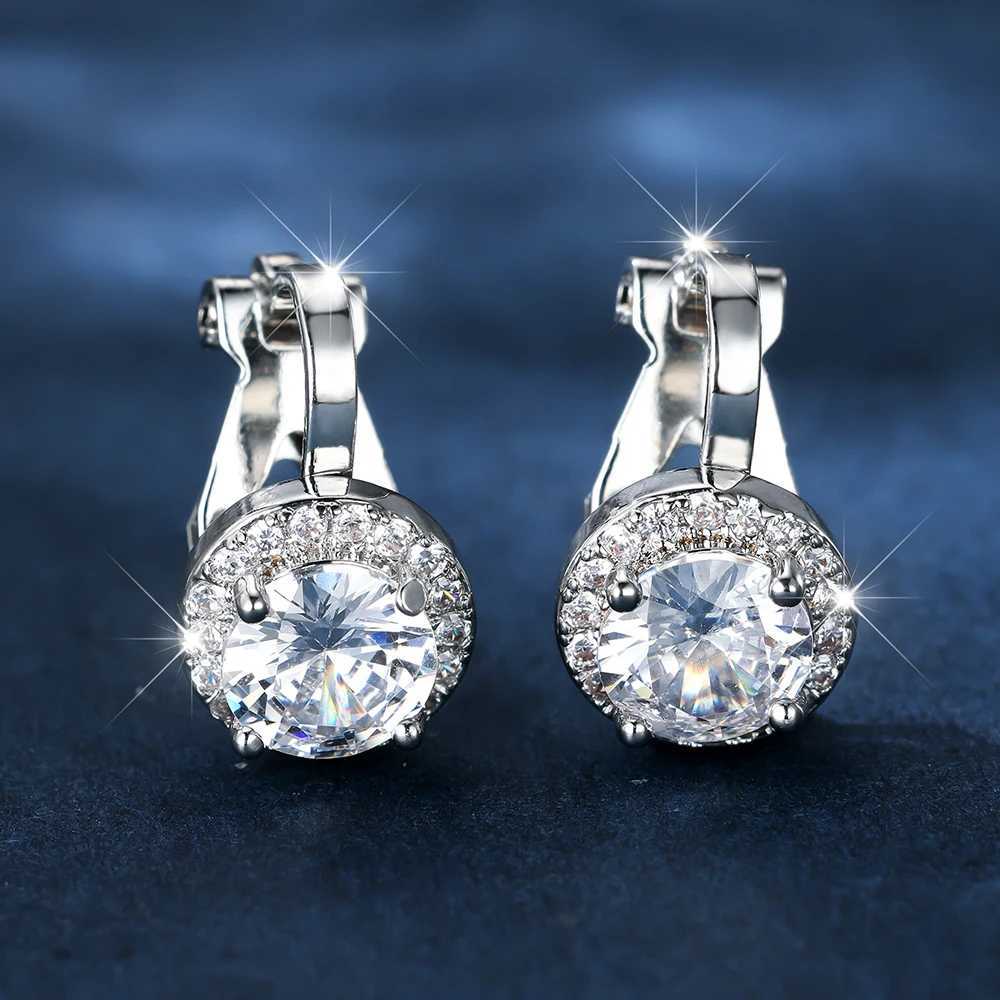 Luxury womens white zircon round clip earrings suitable for women silver bridal engagement and wedding ear clip non perforated jewelry CZ W241017