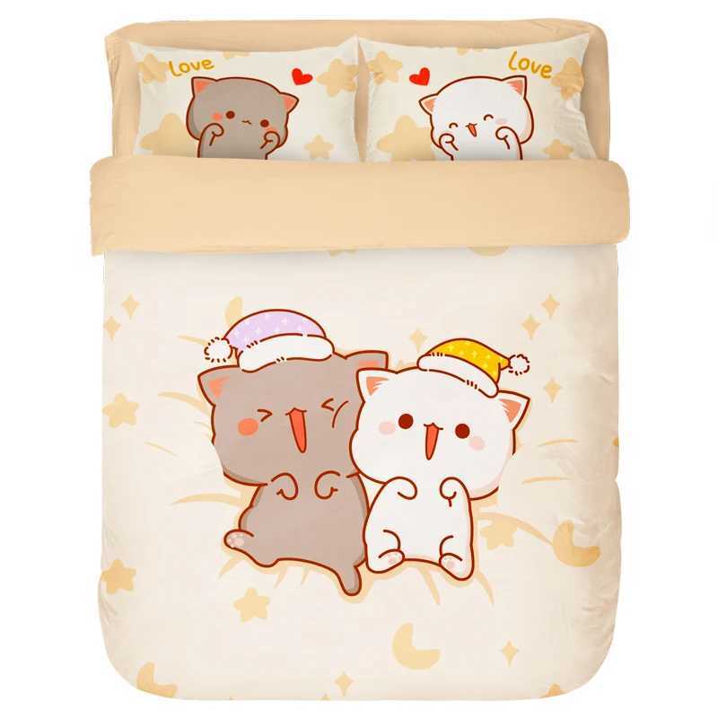 3Pcs Set Kawaii Cat Bed Sheet Bedding Set Soft Comforter Cover Twin Full Queen Size For Girls Bed Sheets and PillowcasesXJ241015