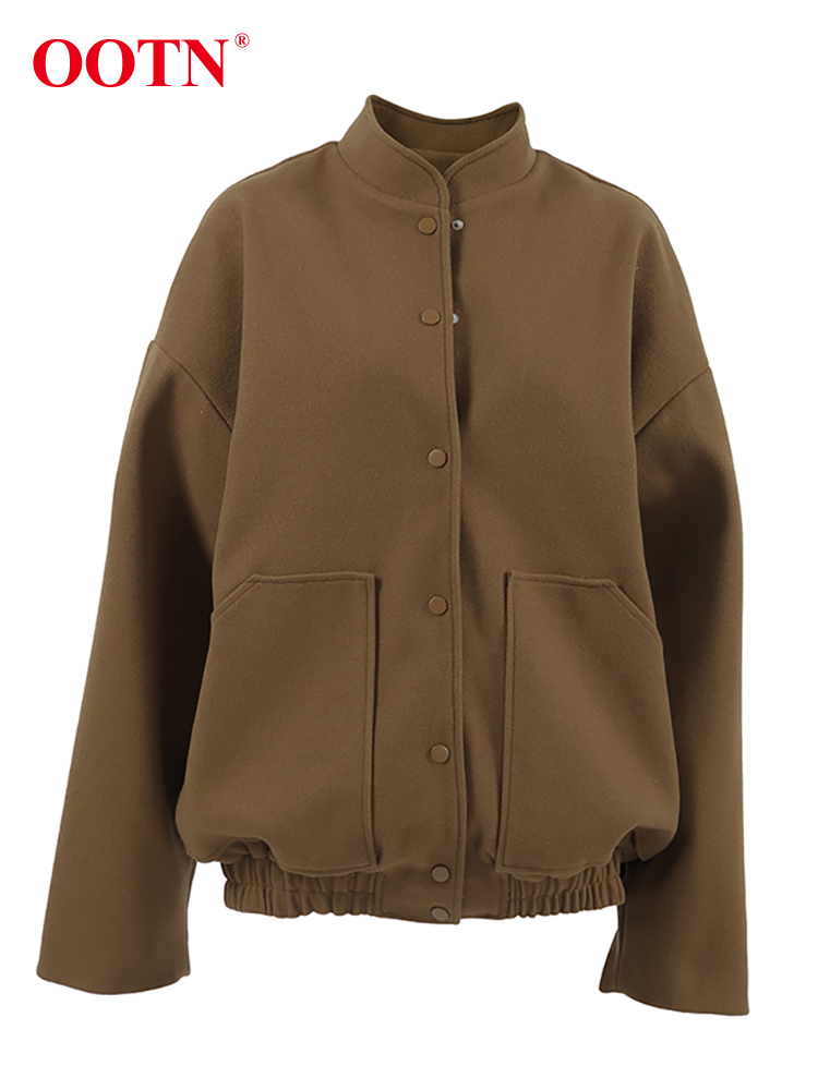 OO Vintage Brown Baseball Jackets Oversize Street Style Pockets Long Sleeves Outwear Tops Autumn Winter 2024 Woolen Warm Coats