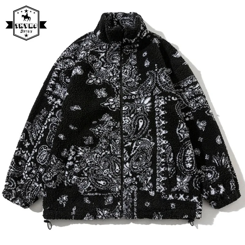Winter wool jacket mens zipper camouflage open collar casual bandana jacket loose cashmere womens paisley polar jacket Y2k 241009