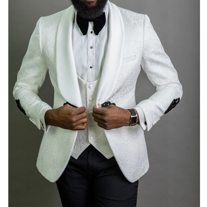 Floral Pattern Wedding Suits for Mens Slim Fit 3 Piece Groom Tuxedo Male Fashion Costume White Blazer Vest with Black Pants