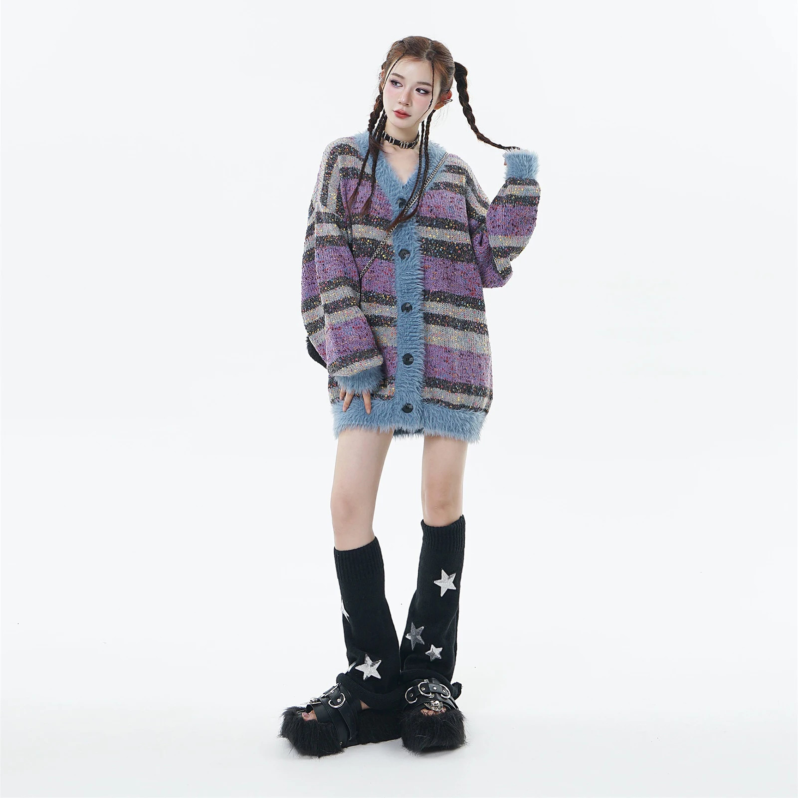Colorful Spotted Stripe Cardigan Sweater Y2k Harajuku Mens and Womens Loose Mohair Knitwears Autumn Winter Knitted Outwear 241017