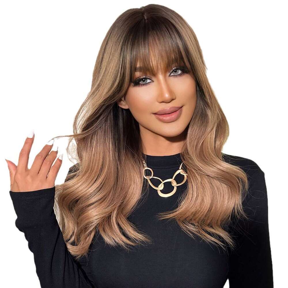 New Japanese And Korean For Women Long Hair In Cocoa Gold, Dyed With Bangs, Curly Hair, Synthetic Mechanism Wig