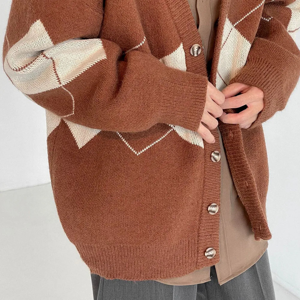 Mens Brown Y2K Knit Sweater Cardigan Retro Winter Blouse Outerwear Knitwear Korean Autumn Clothes Male 241017