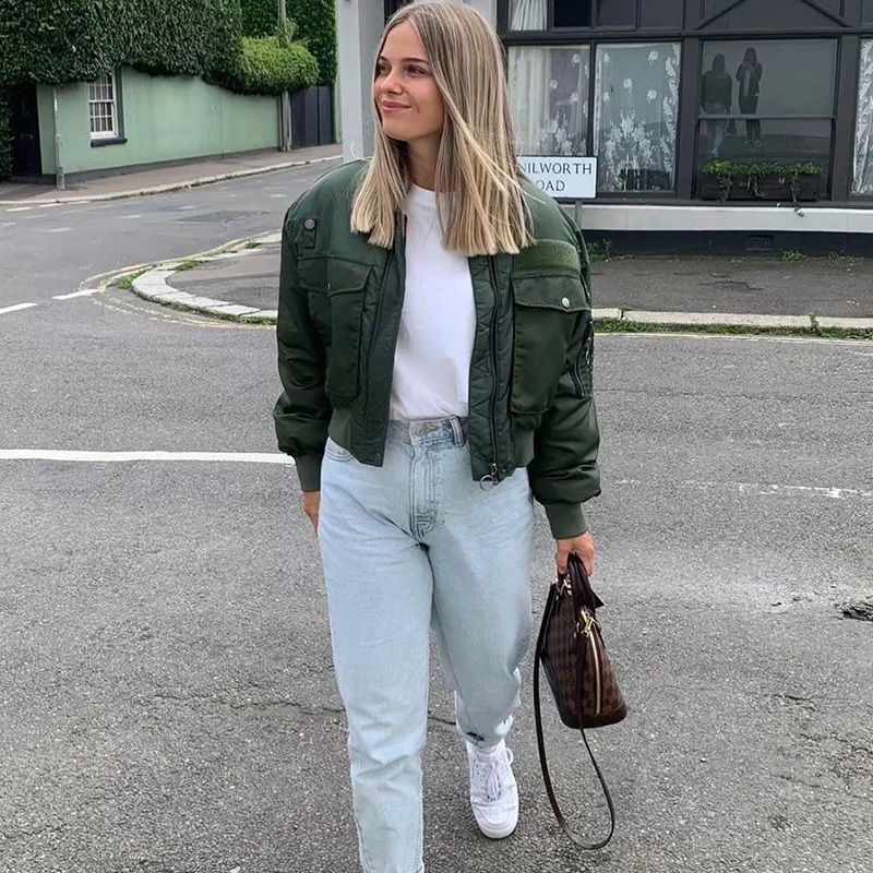 Women's Bombers Armygreen Outwear Warm Winter Strafzains Patchwork Long Sleeve Cropped Woman Jackets Coat Tops