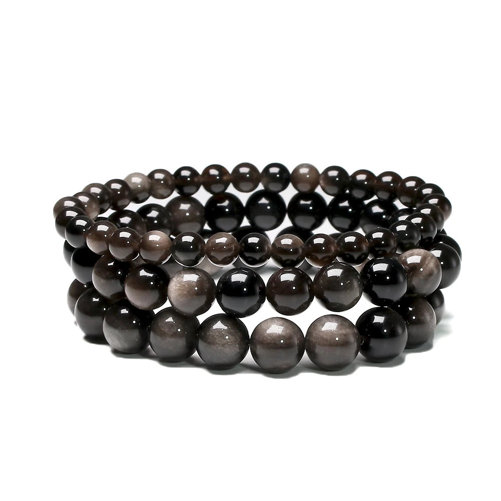 Natural silver obsidian bracelet mens jewelry stone beads round bracelet energy bracelet womens Valentines Day gift jewelry 241017