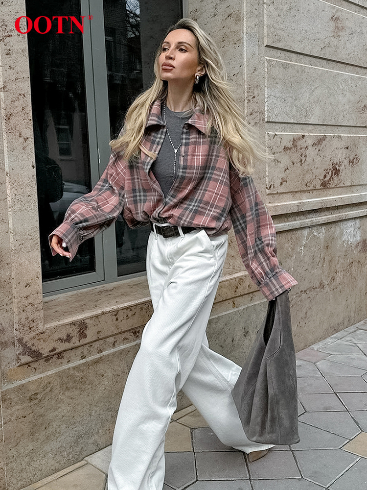 OO Casual Pink Plaid Blouses Female Summer Long Sleeve Striped Loose Tops Streetwear Single Breasted Shirts Coats Women