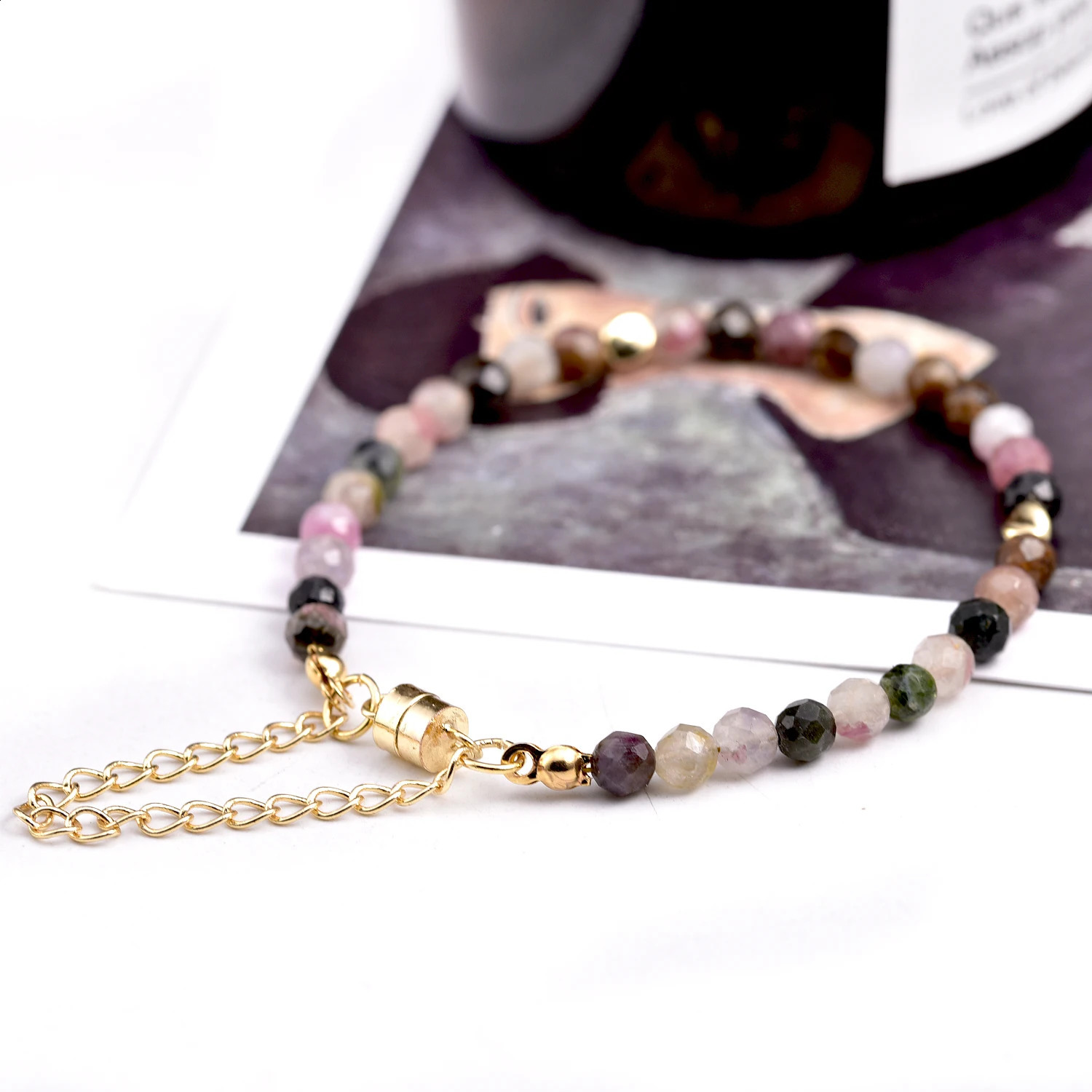 gold chain natural 5mm face stone rainbow multi-color tourmaline bracelet womens magnetic buckle BOHO jewelry 241017