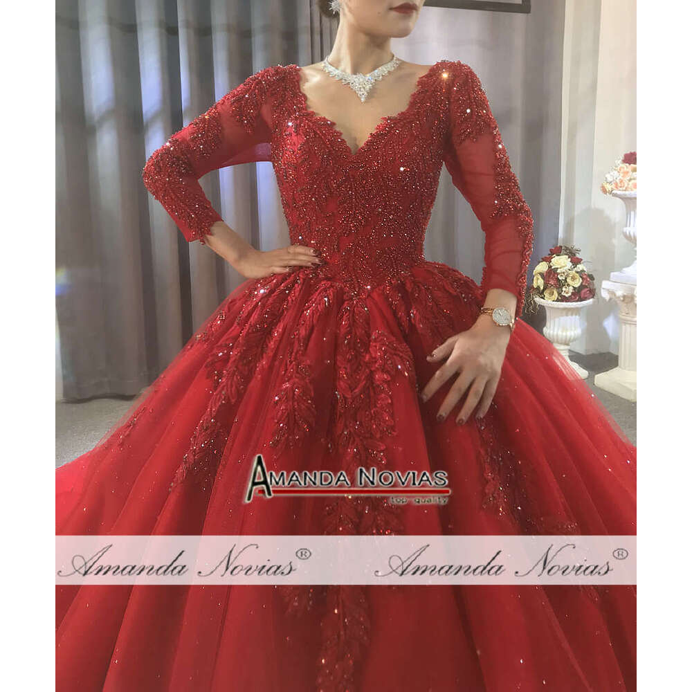 wedding with long lace sleeves bridal dress red color evenings