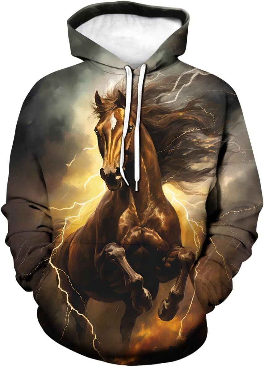 Hoodie for Mens Womens Novelty Gorgeous Starry Sky Thunderbolt Horse Graphic Hoodie Hoodies Psychedelic Aurora Animal Sweatshirts Pullover Graphic