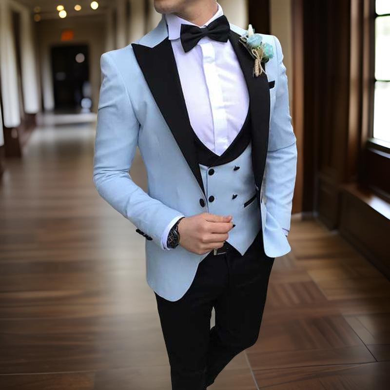 Slim Fit Men Suits For Wedding With Black Peaked Lapel Sky BLue Formal Groom Tuxedo 3 Piece Male Set Blazer Pants Vest Latest Style