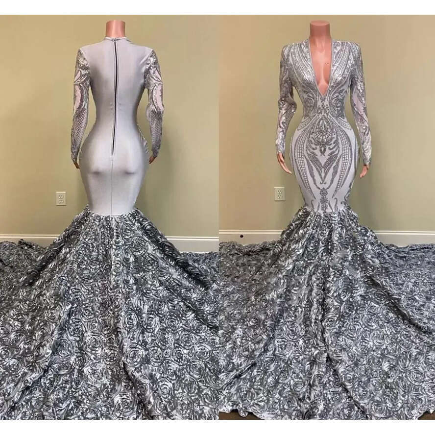 Long Sier African Girls Prom Dresses 2022 Mermaid V Neck Full Sleeve 3D Wers Train Women Formal Party Evening Gown Pro232