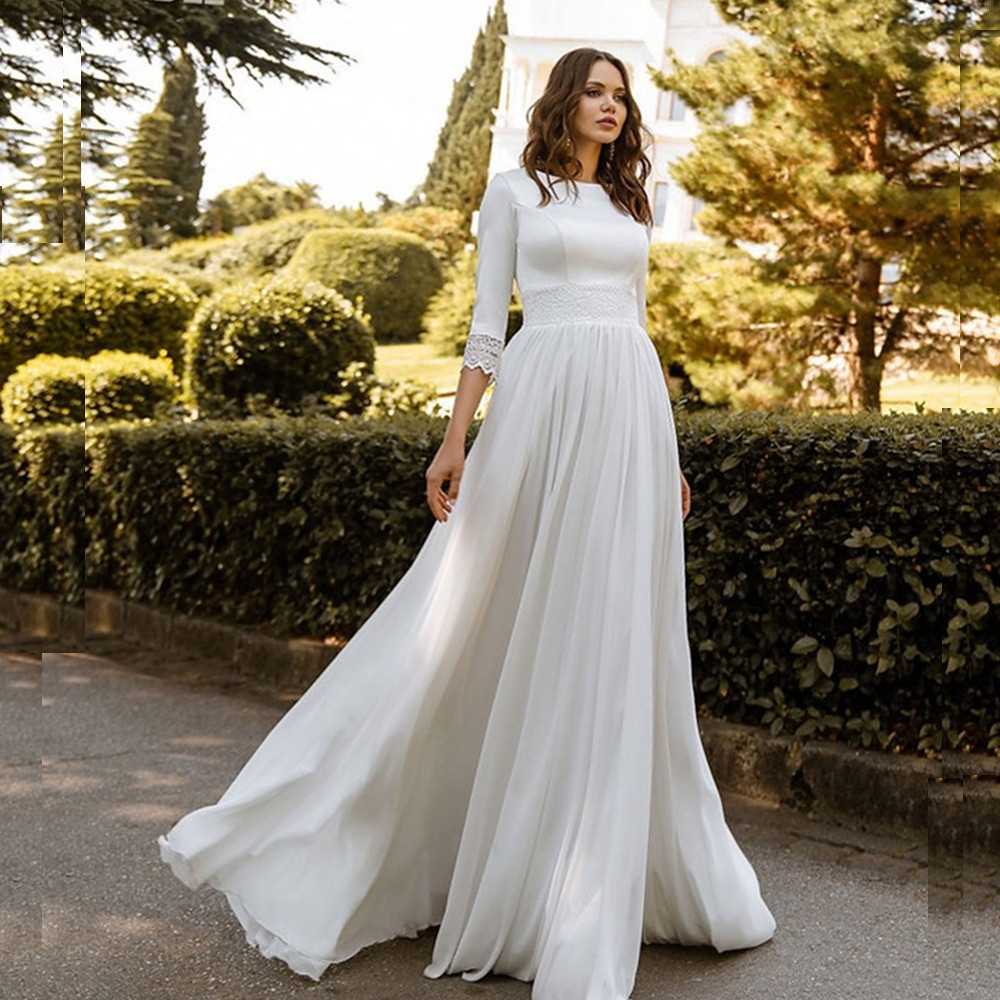 White Satin Womens Wedding Dresses Scoop Neck Long Sleeve Backless Bridal Gown Pleat Bow Tie Sweep Train Church Mariage De Mariee