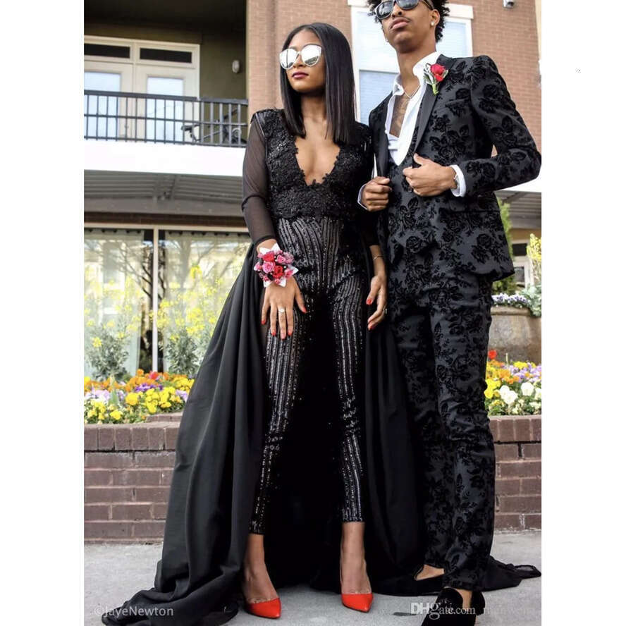 Sexy Prom Dresses 2019 With Detachable Train Stunning Jumpsuit Black Evening Dress Long Sleeves Sequins Beaded Party Gowns