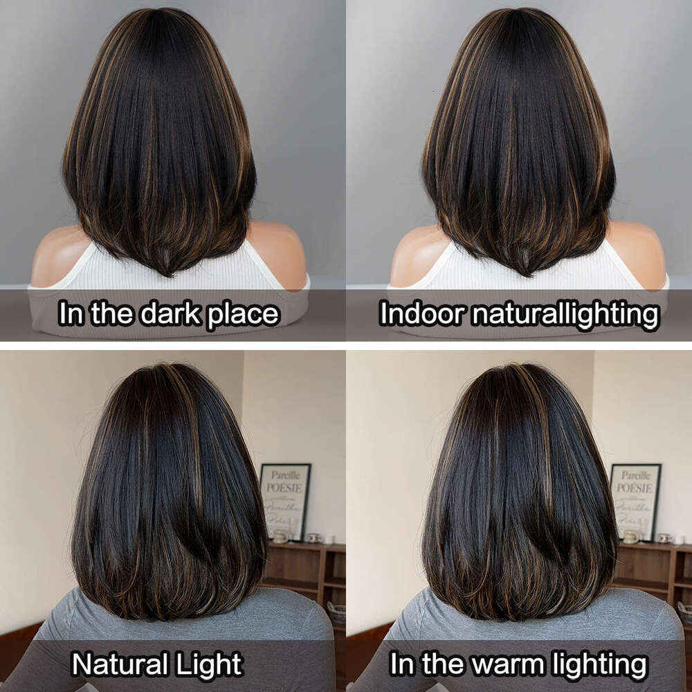 Women's Shoulder Length Bob Short Straight Hair Black Gold Spot Dyed Inner Button Layered Wig Full Head Set