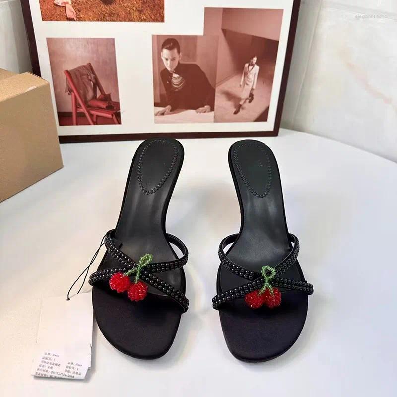 Dress Shoes Cute Cherry Decorate Black High Heel Slippers Women Round Head Open Toe Stilettos Sweet Pump Sandals Shoe For Woman