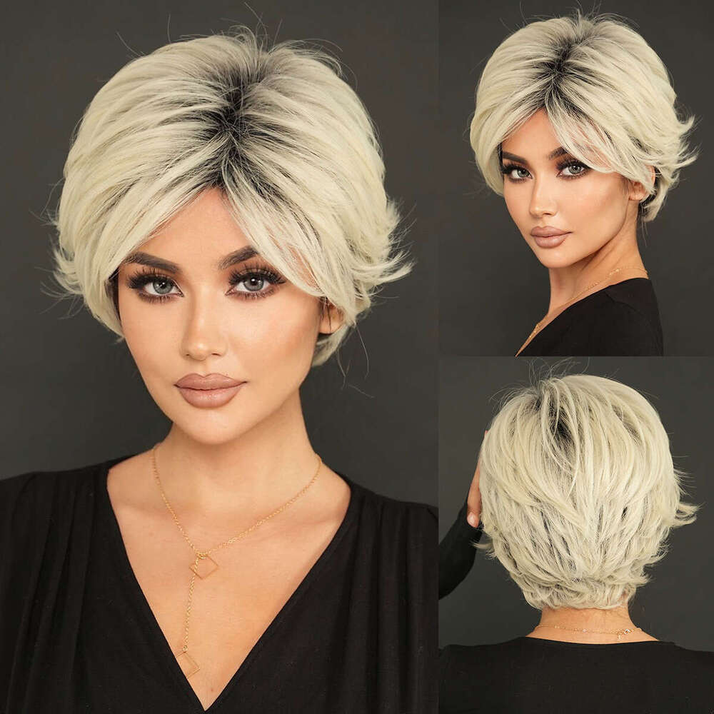 Ladies' Summer Layered Short Hair Platinum Gray Elf Wig Fashionable Top Gradient Synthetic Full Head Cover