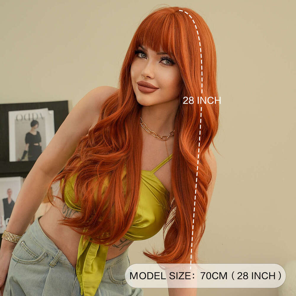 Wig Headband With Bangs, Long Curly Hair, Rose Net Synthetic Wig, Dark Orange Wigs