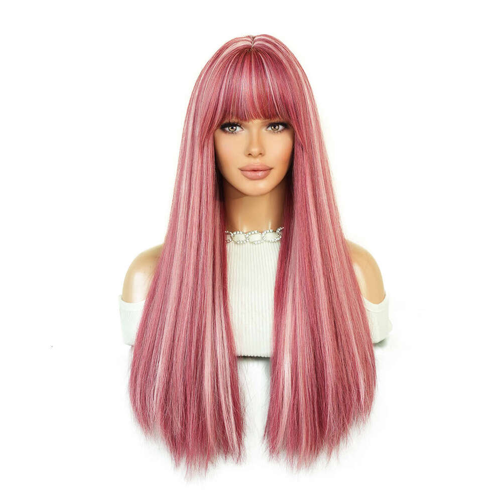Wig Women's Long Straight Hair Pink Spot Dyed Lolita Natural Full Head Set Tik Tok Wigs