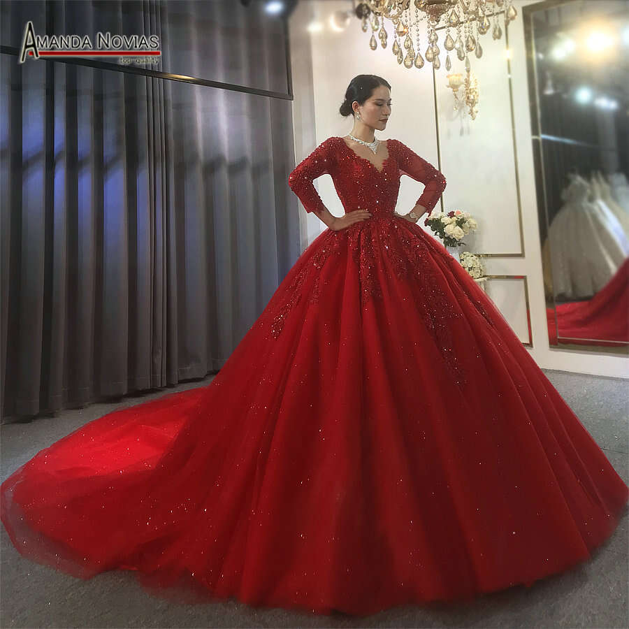 wedding with long lace sleeves bridal dress red color evenings