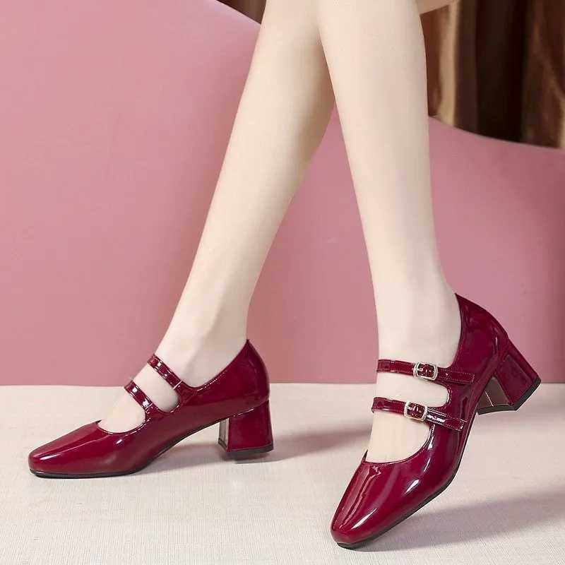 Womens Shoes 2024 Fashion Button Womens Pump Autumn Mary Jane Square Toe Shallow Solid Dress Party Short Fat High Heels Zapato Y241017