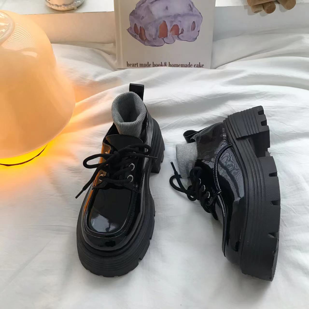 Women Fashion Thick Sole Casual Style Lace Up Leather Loafers Shoes Triple Black Free shipping