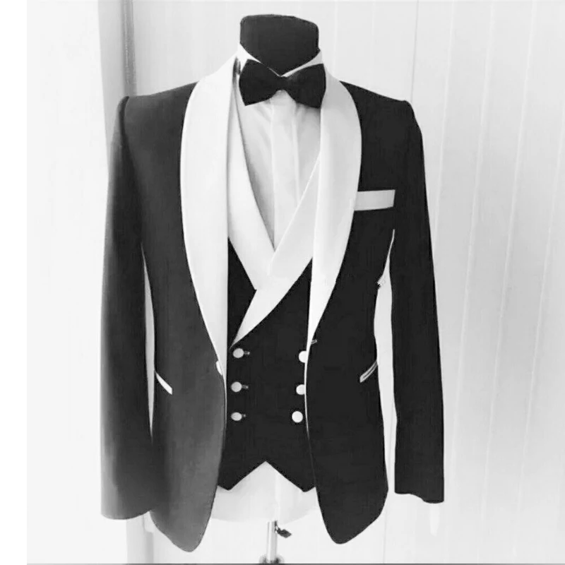 3 Piece Men Suits for Wedding Slim Fit White Shawl Lapel Custom Groom Tuxedo Male Fashion Jacket Vest with Pants Latest Style