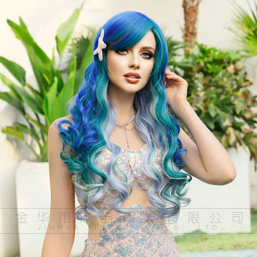 Blue Purple Gradient Mermaid Wig Adult Cos Head Cover Halloween Dressing Wigs