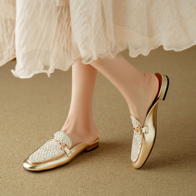 Summer Outwear Chinese Style Gold Silver Thick Low Heel Baotou Women S Half Full Leather Cool Tuo Large KMJL ddmythur ddmythur