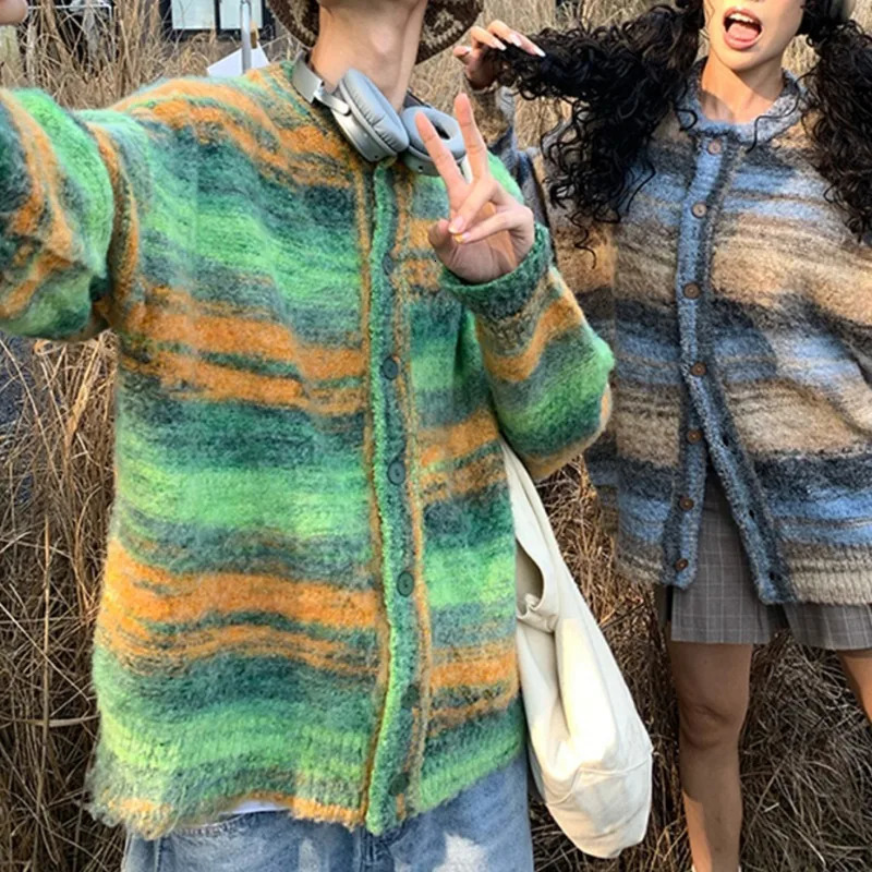 Colorful Cardigan Men Loose O-neck Knitted Single-breasted Sweater Coat Male Arrival Fashion Contrast Color Y2K Couple Top 241017