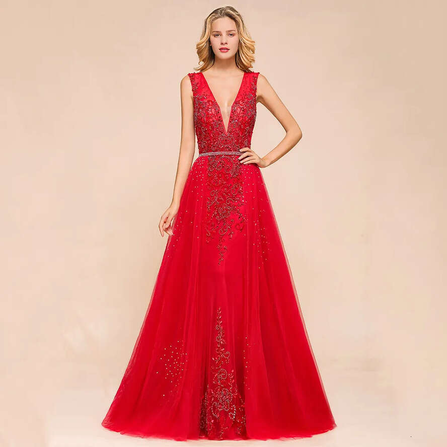 V Deep Red Sexy Neck Mermaid Sleeveless Lace Arabic Long Formal Party Bridesmaids Evening Prom Dresses Gown Bm1811