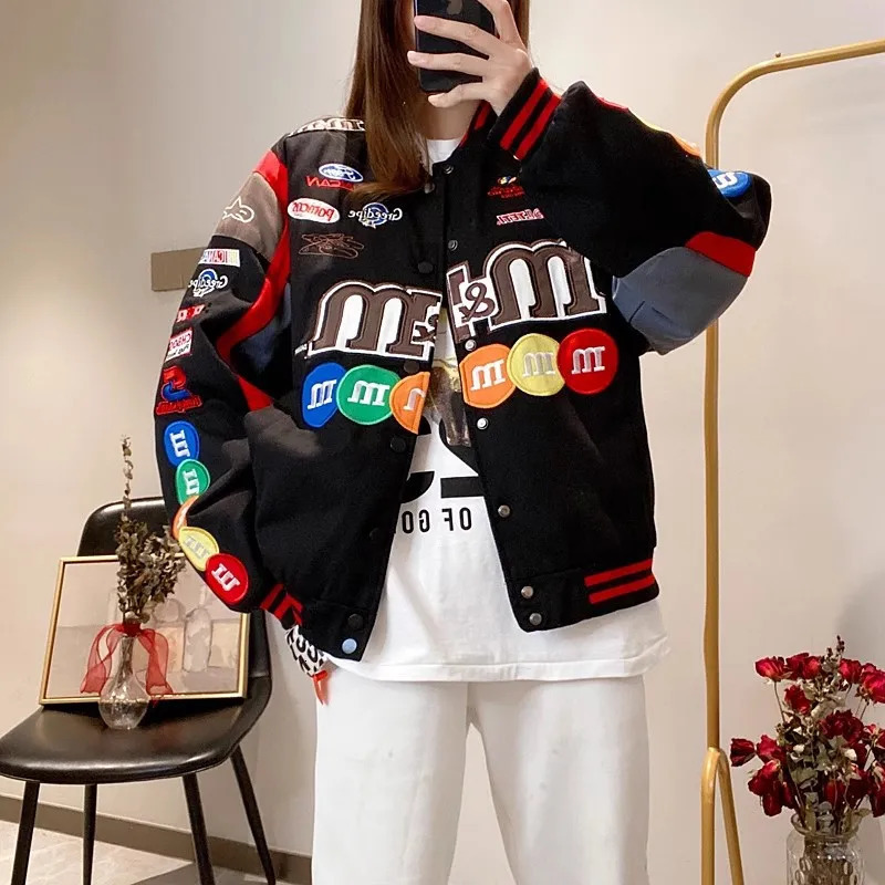 Unisex Bombers Jacket Women Spring Autumn Hip Hop High Street Stand Collar Bomber Varsity Racing M Embroidery Baseball Coats 241007