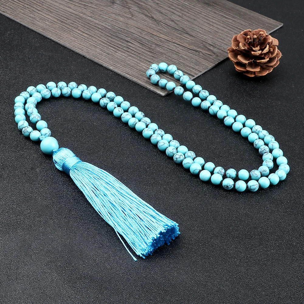 108Mala Natural Peacock Stone Bead Necklace for Men Blue Turquoise Black Agate Prayer Tassel Necklace Meditation Yoga Jewelry 241017