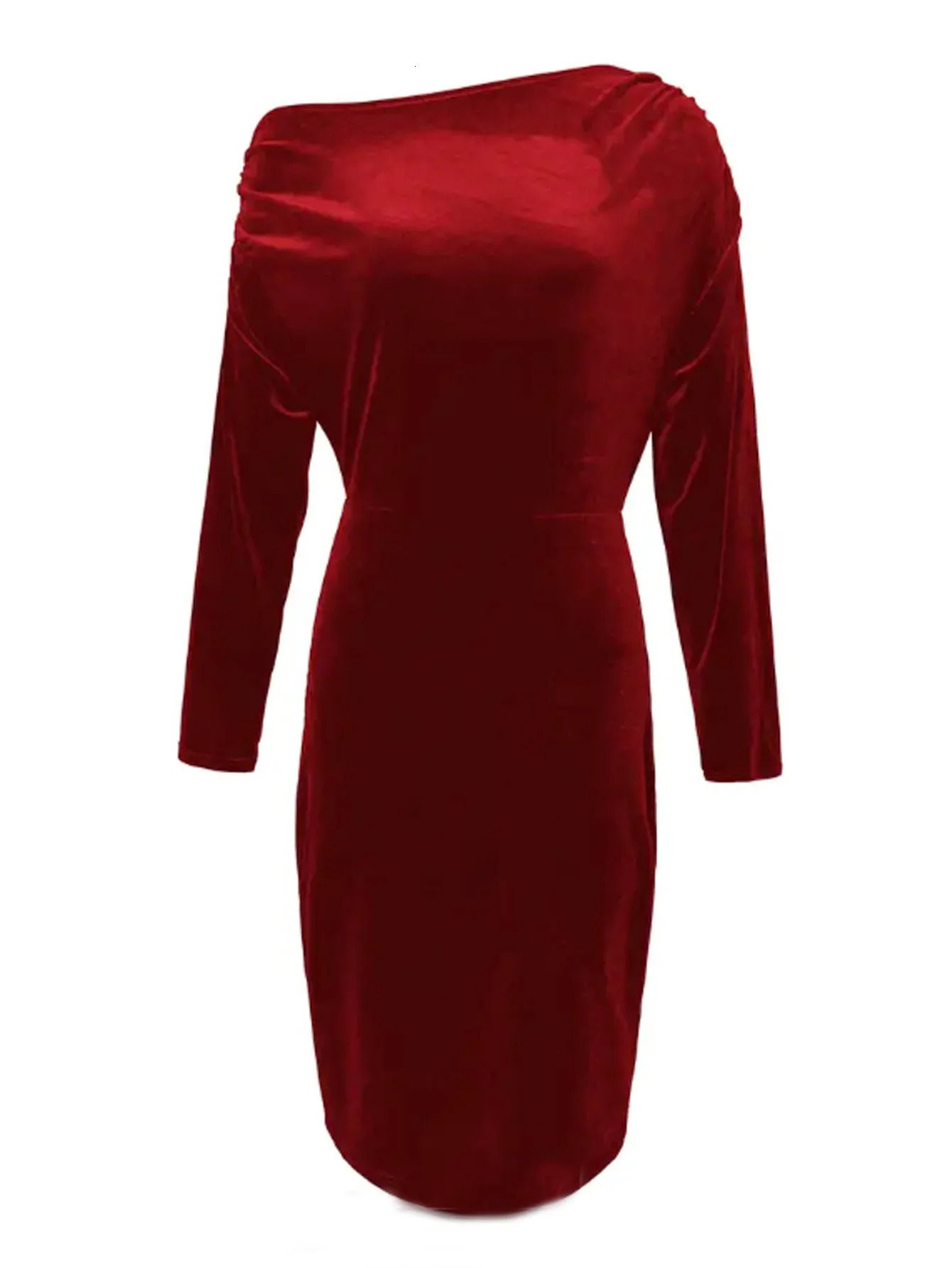 2024 Winter Red Velvet Plus Size Bodycon Dress Women Long Sleeve Large Knee Dresses Ladies Sexy Off Shoulder Evening Party Dress 241017