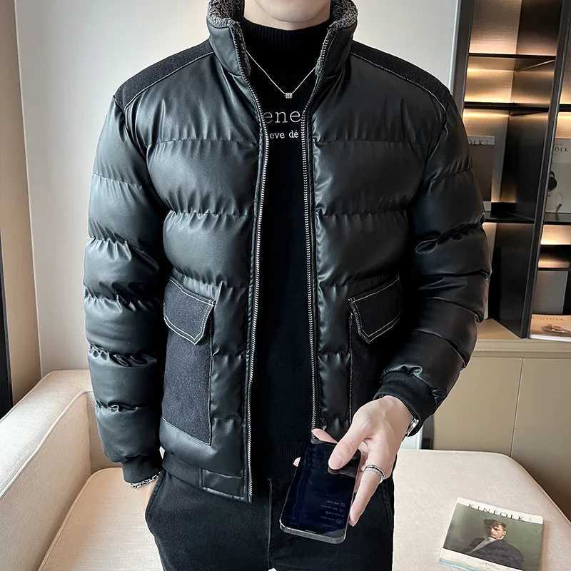 High quality brand autumn jacket mens leather jacket thick windproof Parka large pocket stand up collar warm solid fluffy jacket X241017