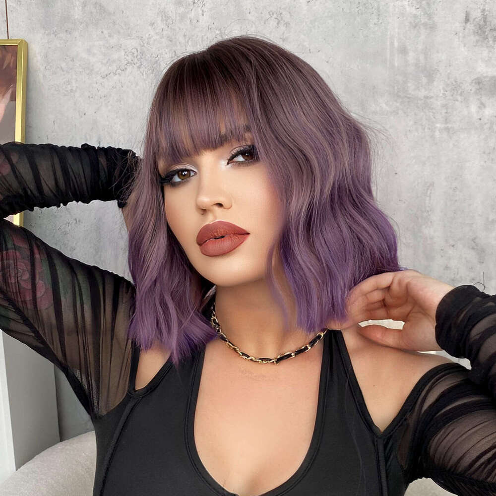 Purple Water Ripple Wig, Female Pear Blossom Short Curly Hair, Air Bangs, Synthetic Headband, Hair Wig