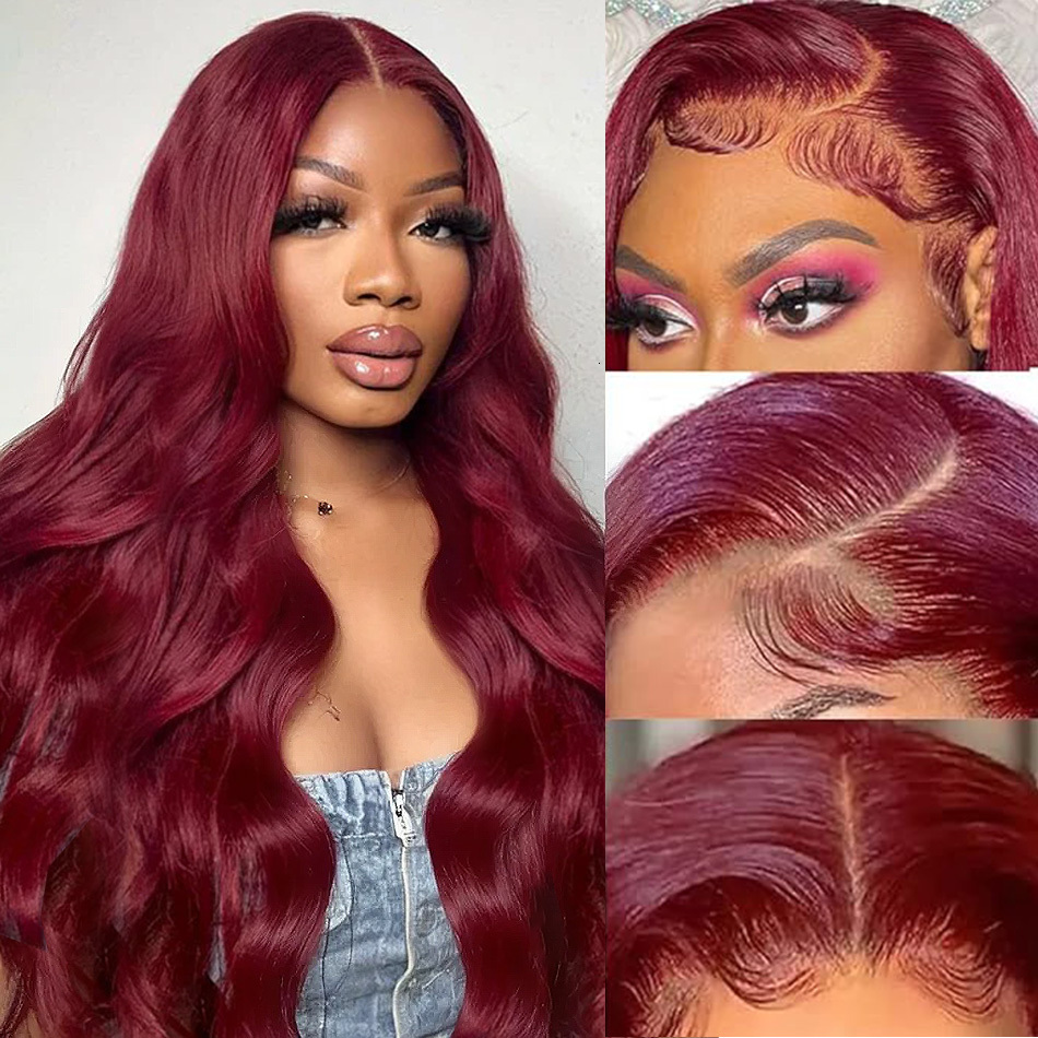 99J Bury 13X6 200 Density Frontal Wigs Human Hair Body Wave 30 32Inch 13X4 Lace Front Wig HD Transparent Wine Brazilian