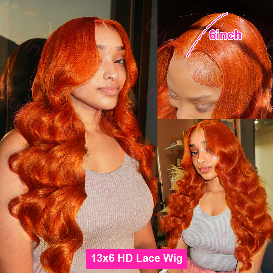 Luvin 250% 30 32 Inches Body Wave Ginger Orange 13X6 Transparent Front Human Wigs 13X4 Lace Frontal Remy Hair Wig