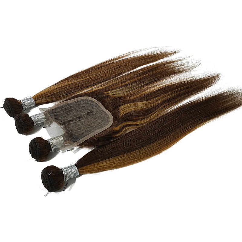 Brazilian Peruvian Human Hair Extensions P4/27 Straight 4 Bundles With 4*4 T Part Lace Closure 5 PCS Piano Color