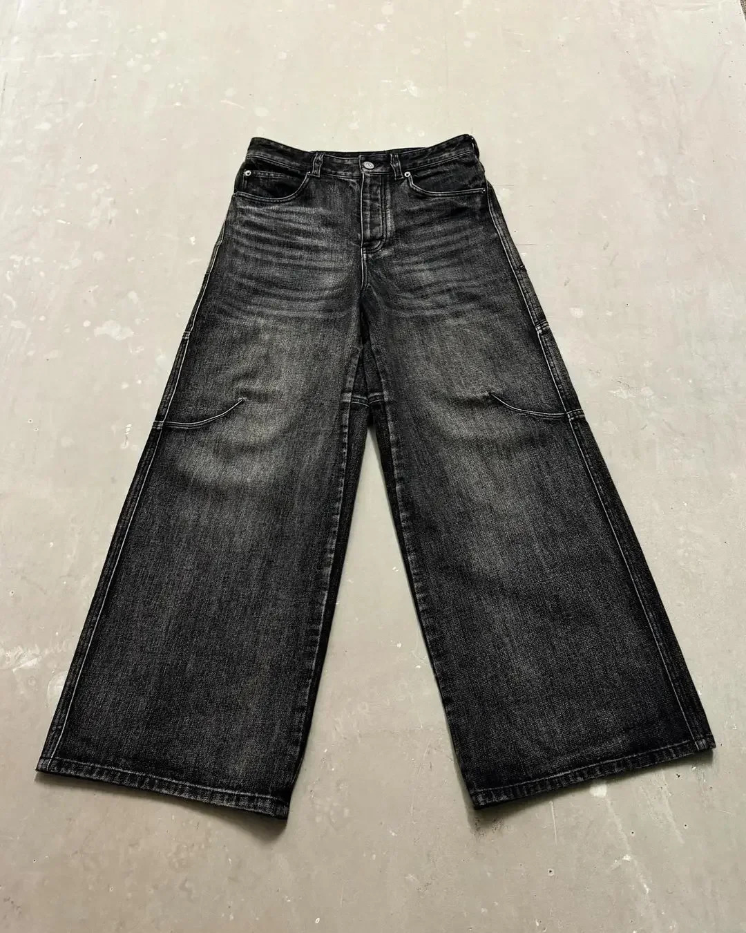 Streetwear Washed Retro Baggy Jeans Mens Goth Hip-hop Personality Harajuku Trendy Black Straight Pant Y2K Wide Leg Pants Unisex 241017